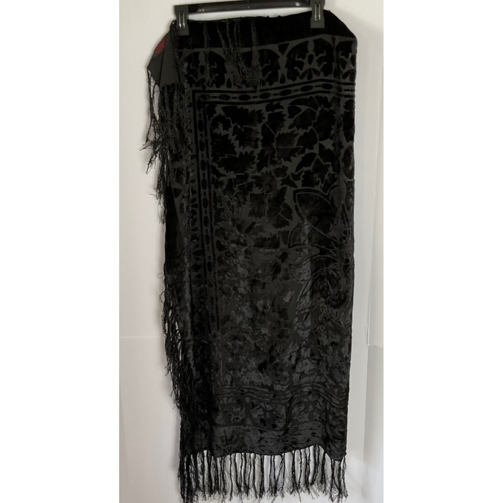 Inter-Moden Black Devore Velvet Burnout Floral Fringe Shawl Wrap Evening Scarf